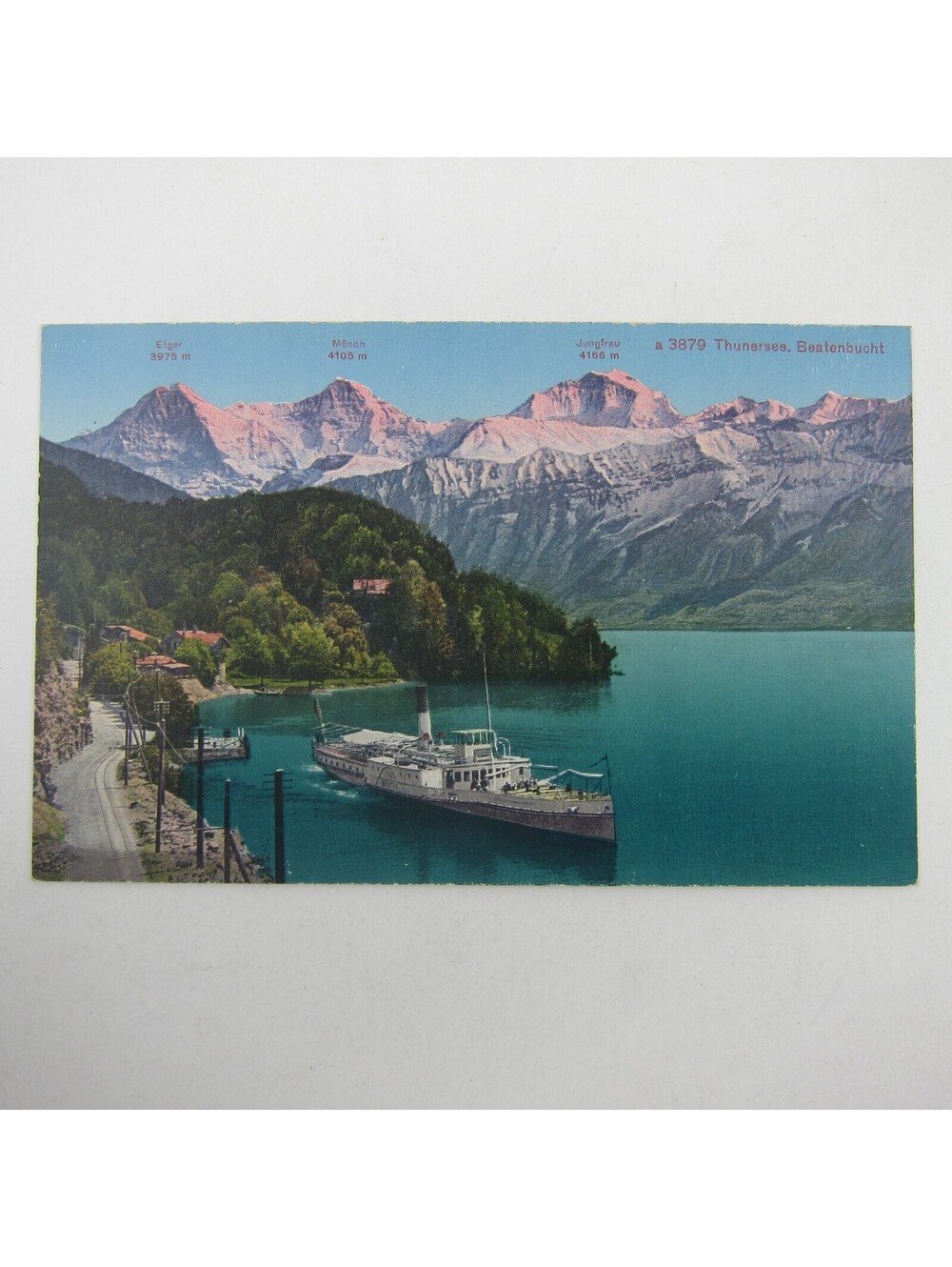 Postcard Switzerland Lake Thun Eiger Monch Jungfrau Mountains Antique Unposted